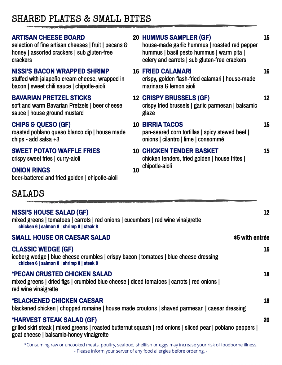nissi's menu - apps & salads
